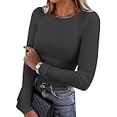 QUALFORT Women's Long Sleeve Shirts Ribbed Knit Tops Slim Fit Crewneck Basic Tee 2026 Casual T-Shirt Going Out Fall Outfits