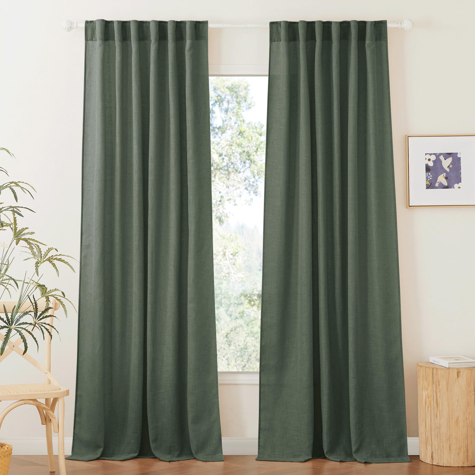 RYB HOME Linen Blended Curtains - Back Tab Vintage Thick Linen Burlap Light Filtering Decorative Sheer for Bedroom Living Room Home Office, W 52" x L 95", 2 Pcs, Hunter Green Image