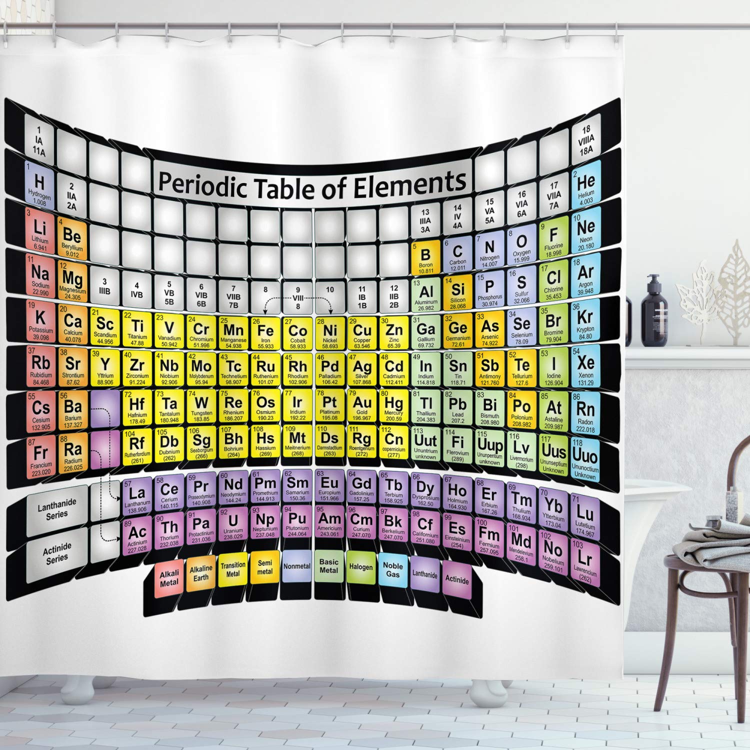 ABAKUHAUS Chemistry Shower Curtain, Periodic Table of Elements School Theme Educational Science Class Composition, Cloth Fabric Bathroom Decor Set with Hooks, 175 x 200 cm, Yellow Multicolor