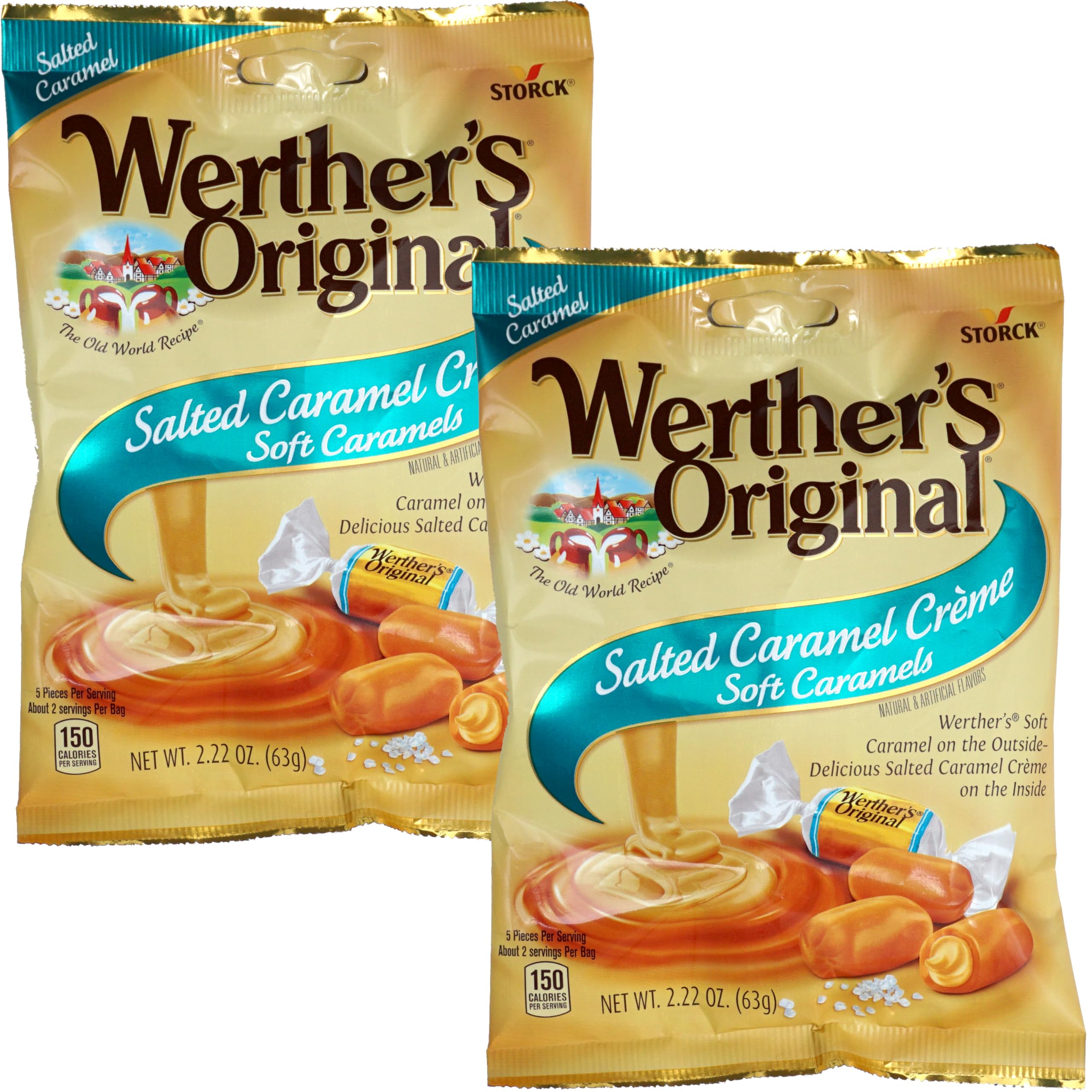 Photo 1 of **BB 9/30/25**Werthers Soft Caramel, Original Salted Caramel Cream 2.22 Ounce Bags (Pack of 2) - Individually Wrapped Werther Chewy Caramels - The Hampton Popcorn & Candy Company