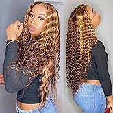 BLY Highlight Human Hair Lace Front Wigs Deep Wave #4/27 Ombre Colored Glueless Wigs Pre Plucked 16 Inch 4x4 Transparent Curly Water Wave Lace Wig Honey Blonde Real Human Hair 180% Density