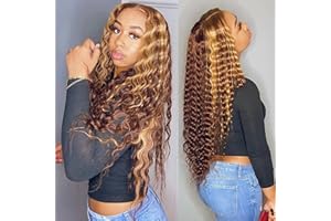 BLY Highlight Human Hair Lace Front Wigs Deep Wave #4/27 Ombre Colored Glueless Wigs Pre Plucked 18 Inch 4x4 Transparent Curly Water Wave Lace Wig Honey Blonde Real Human Hair 180% Density