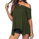 PRETTYGARDEN Womens Off The Shoulder Summer Tops Short Sleeve Tunic Blouse 2026 Casual Spring Asymmetrical Oversized Tshirts