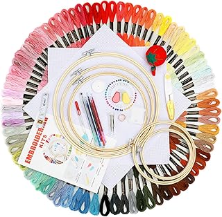 JOZEA Stickerei Kreuzstich Set 100 PCS Stickgarn Mehrfarbigen 5 Bambus Stickrahmen 2 Stoff Bestickt mit Tools Zubehör für Kreuzstich Stricken