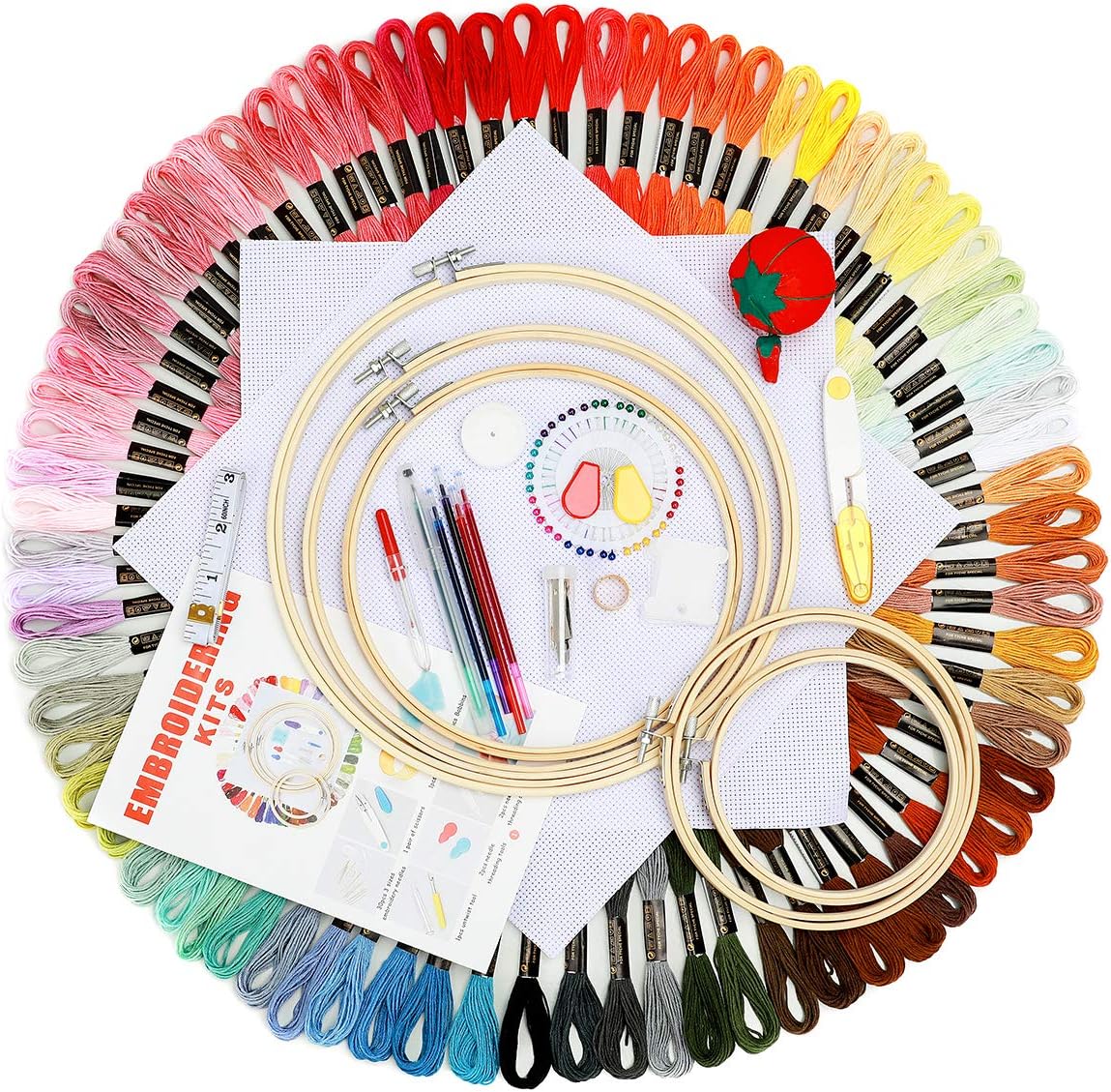 JOZEA Stickerei Kreuzstich Set 100 PCS Stickgarn Mehrfarbigen 5 Bambus Stickrahmen 2 Stoff Bestickt mit Tools Zubehör für Kreuzstich Stricken