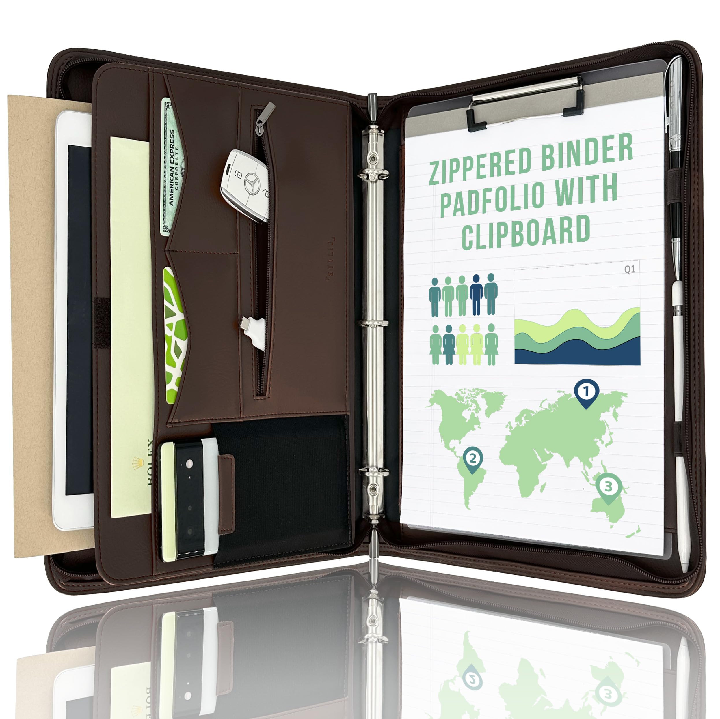 View 1 of STYLIO Zipper Portfolio | Padfolio 3 Ring Binder and Clipboard Folio (Removable) | Portfolio Organizer for Documents, Tablet, Phone |Faux Leather Binder for Men and Women | Walnut (Brown) Color