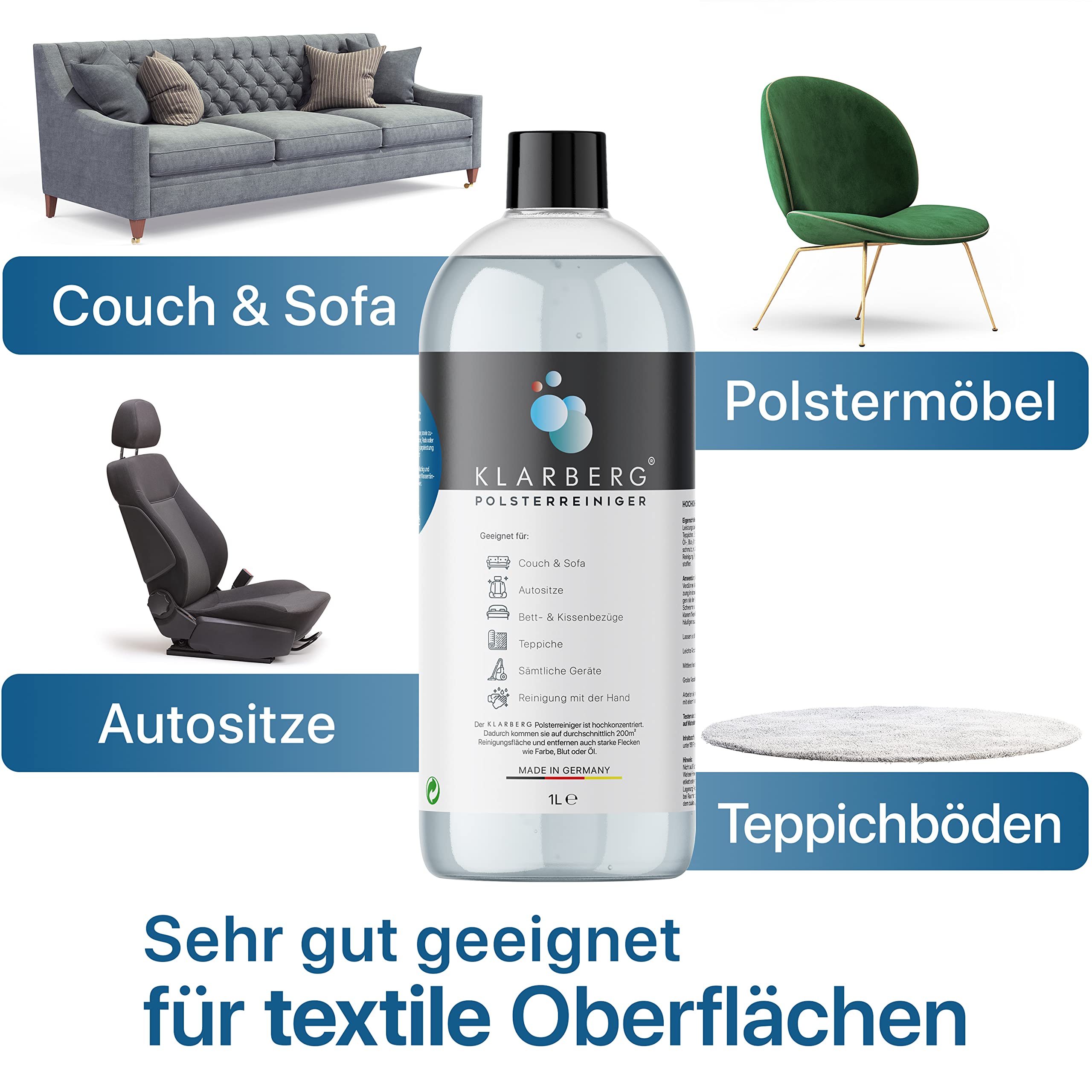 KLARBERG® 1L Waschsauger Polsterreiniger Konzentrat I Polsterreiniger für Sofa, Teppich, Autositze, Textilreiniger uvm. I Geeignet für Waschsauger, Nasssauger und Reinigung per Hand 2