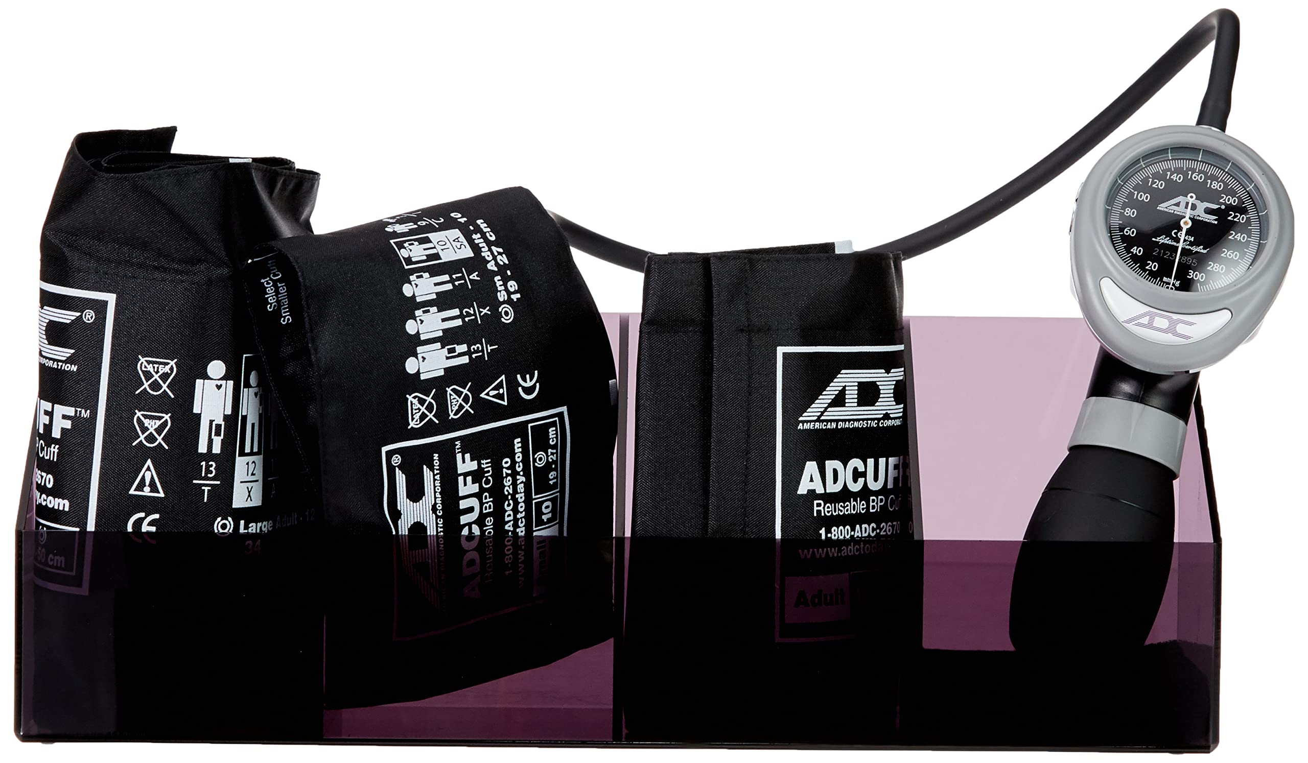 ADC Multikuf 705 General Practice Multicuff Kit with 804 Palm Aneroid Sphygmomanometer, Small Adult, Adult and Large Adult Blood Pressure Cuffs (19-50 cm), Plexiglass Tray, Black