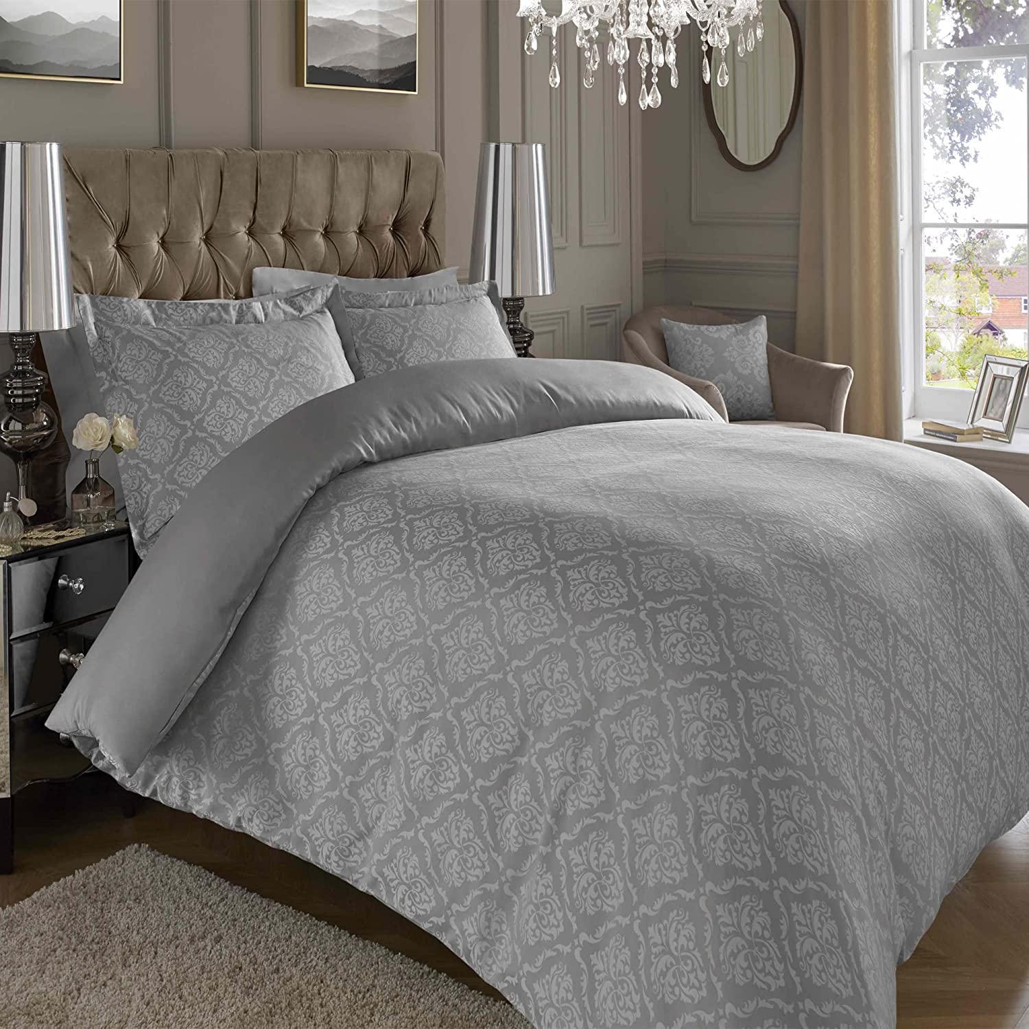 ED Luxury 600 Thread Count Jacquard Duvet Cover 3 Piece Set | Super Soft Cotton Rich & Warm Bedding | Damask Pattern Quilt Cover (Super King, Silver Damask)