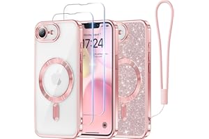 Meifigno Designed for iPhone 16E Case 6.1", [Compatible with MagSafe] [Glitter Card & Wrist Strap] [2X Screen Protectors] Surround Raised Lens Protection Designed for iPhone SE 4 Case, Rose Gold