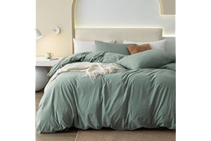 JIYUAN 100% Washed Cotton Duvet Cover Set Comfy Simple Style Soft Breathable Textured Durable Linen Feel Bedding for All Seasons King, Green