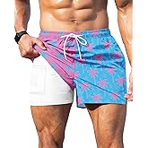 GIISAM Men's Swim Trunks, Bathing Suit 4 inch Inseam Quick Dry Swimsuit Beach Shorts with Compression Liner Pink
