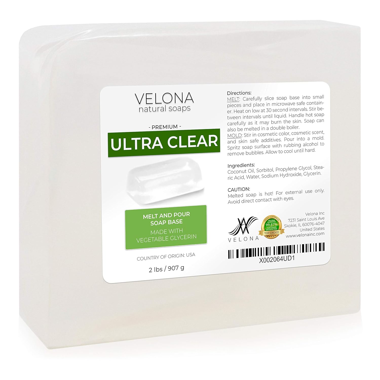 2 LB - ULTRA CLEAR GLYCERIN Soap Base by Velona | SLS/SLES free | Melt and Pour | Transparent Natural Bar For The Best Result for Soap Making: Beauty