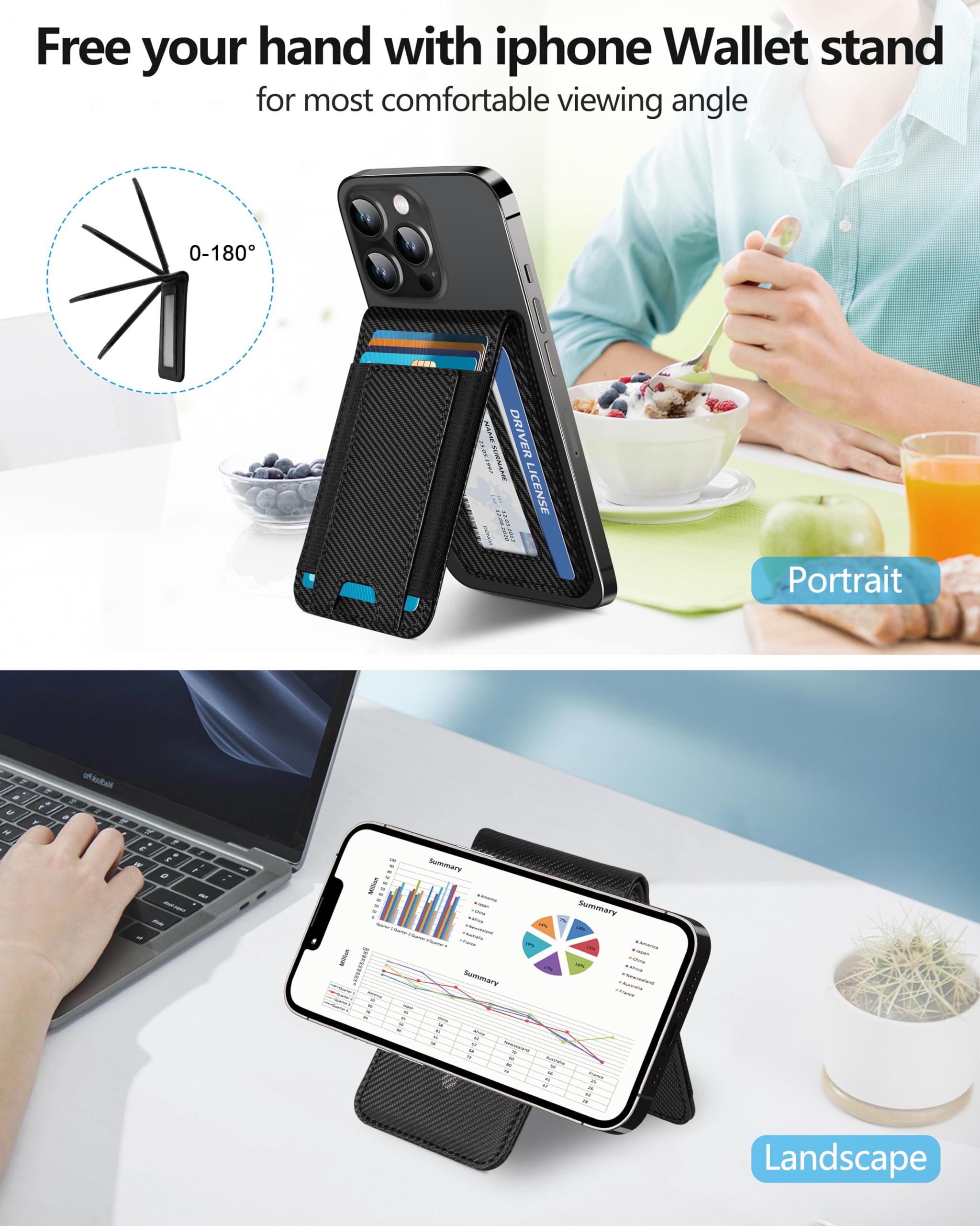 2-in-1 Magsafe Wallet, Adjustable Stand and Open ID Window, Magnetic Wallet for iPhone 17/16/15/14 Pro Max/14 Pro/14/14 Plus/13/12 Series, 9 Cards, Black Carbon Fiber