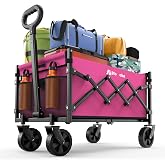 Blomoba Folding Wagon Cart with Wheels, 220lbs Utility Wagon Cart, Pink | Collapsible Wagon with 360&deg; All-Terrain Wheels &amp; Adjustable Handle, Foldable Cart for Groceries Camping Sports Gardening