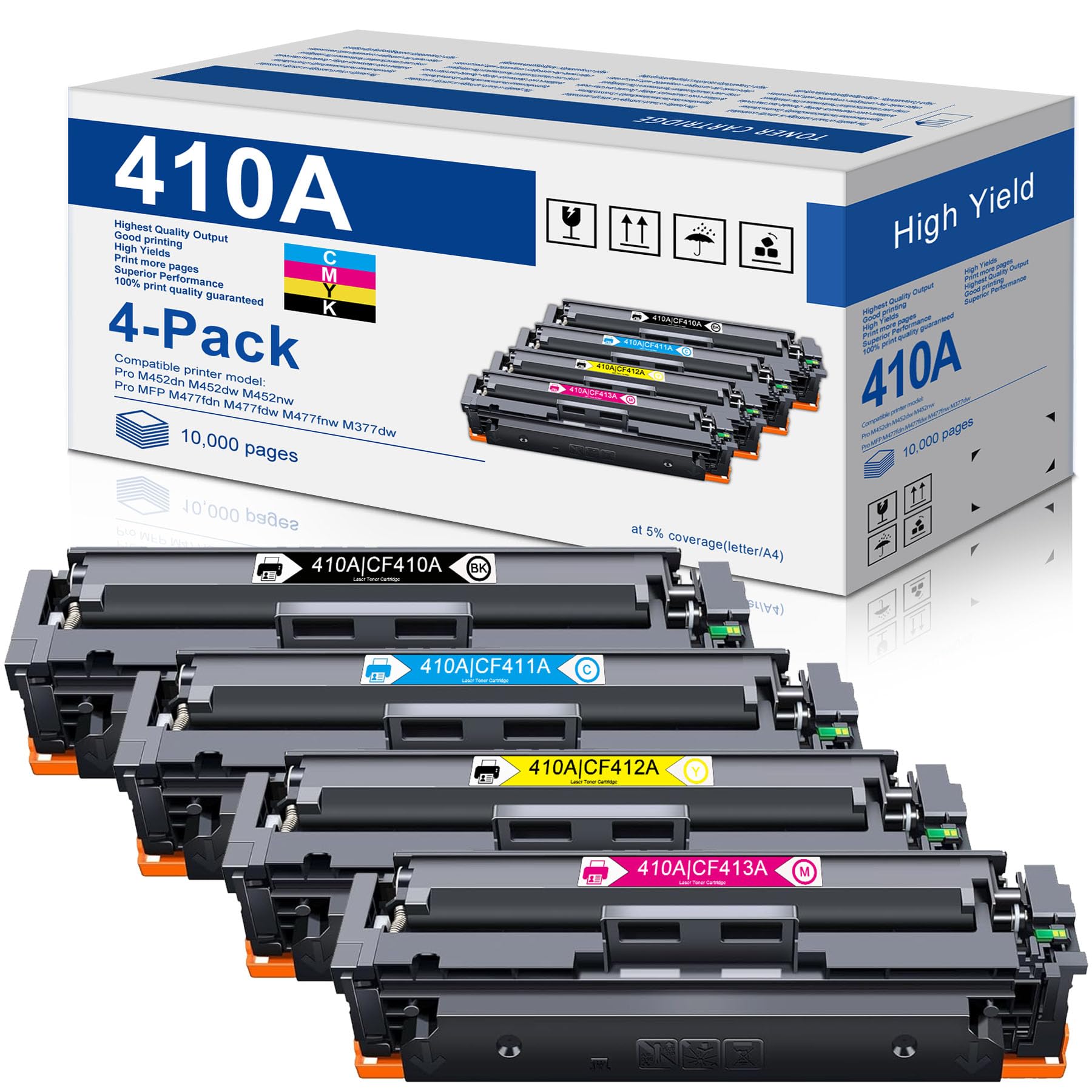 Photo 1 of 410A High Yield Toner Cartridge Set 4-Pack Replacement for HP 410A CF410A CF411A CF412A CF413A Toner Cartridge for Color Pro MFP M377 M477 M452 M452dn M452dw M452nw Printer (Black,Cyan,Magenta,Yellow)