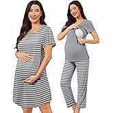 SWOMOG 3PCS Maternity Nursing Nightgown & Pajamas Set Short Sleeve Pjs for Breastfeeding Hospital Pregnancy Lounge Sets