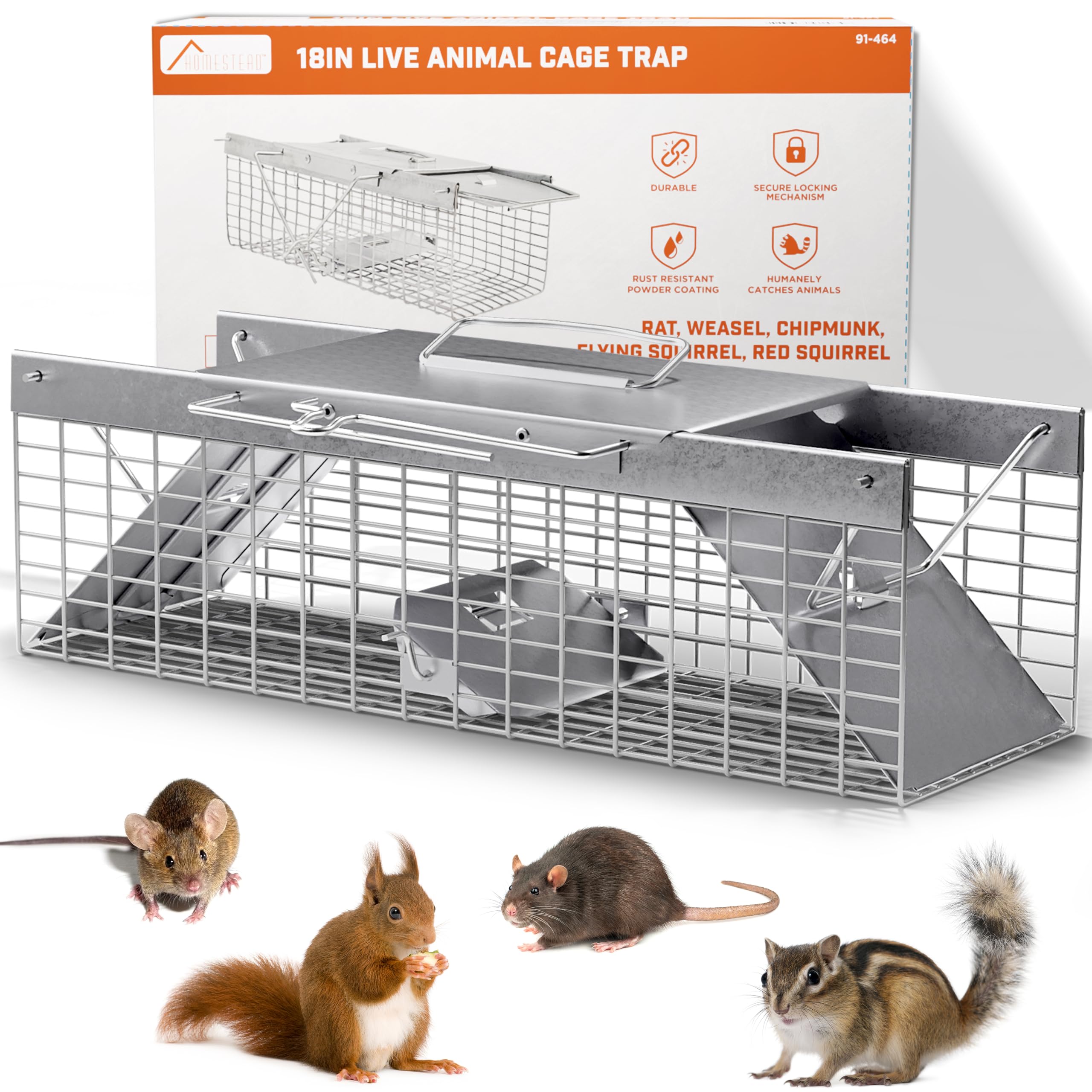 Photo 1 of HOMESTEAD Live Rat Trap Indoor/Outside - Squirrel Trap, Have A Heart Animal for Chipmunk, Small Rabbits, Weasel and Similar-Size Rodents, 18"x5"x5", 2 Doors, Fully Assembled