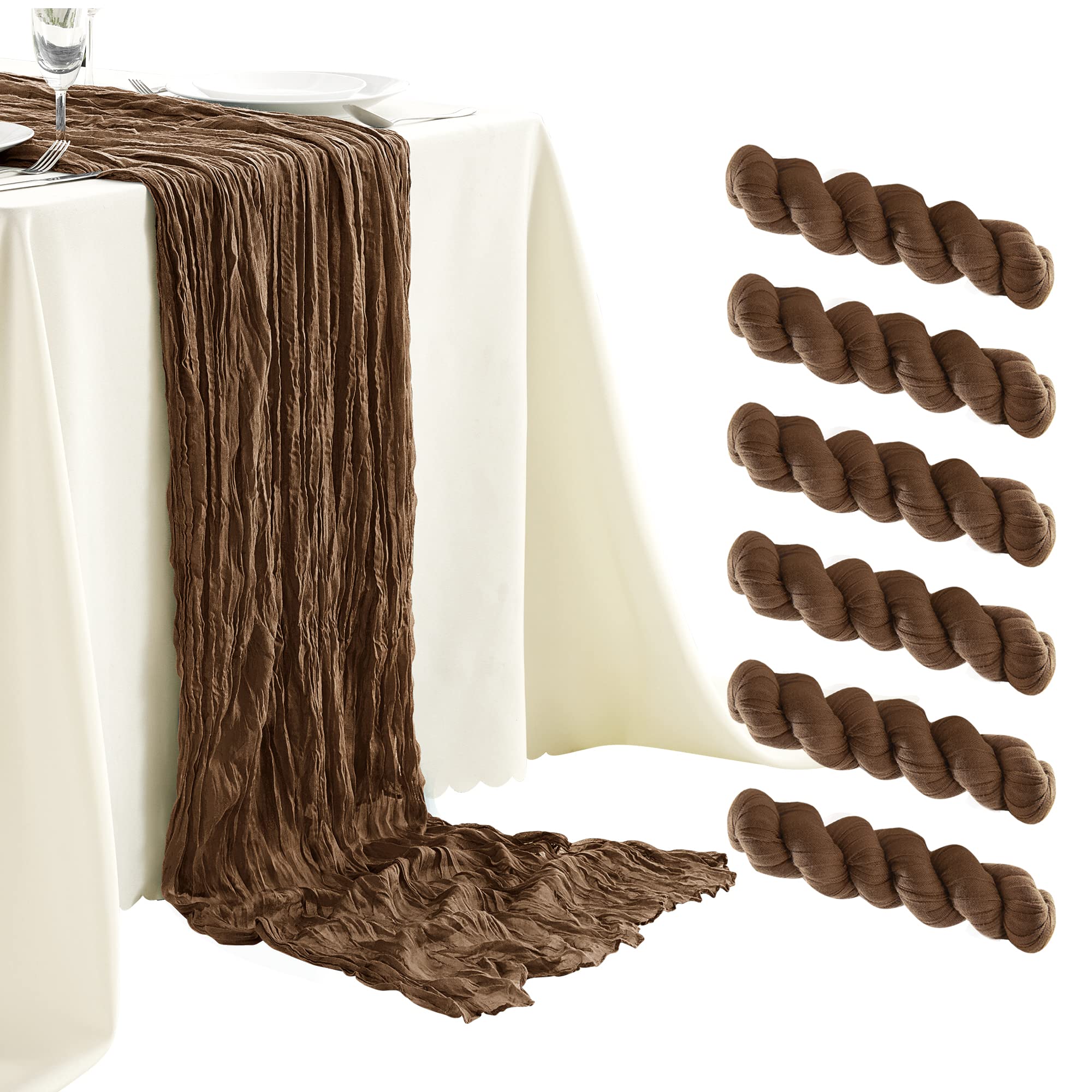 Photo 1 of 6 Pack Brown Cheesecloth Table Runners, 10ft Wide Gauze Boho Table Runners for Bridal Shower Wedding Birthday Party Table Decorations