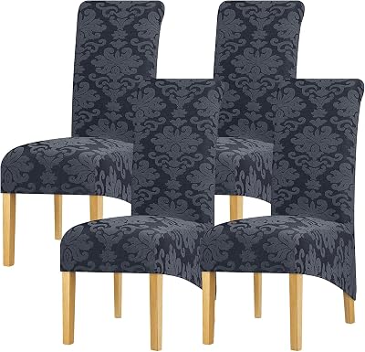 Leorate XL Chair Covers Set of 4 High Back Stretch Knitted Jacquard Dark Grey