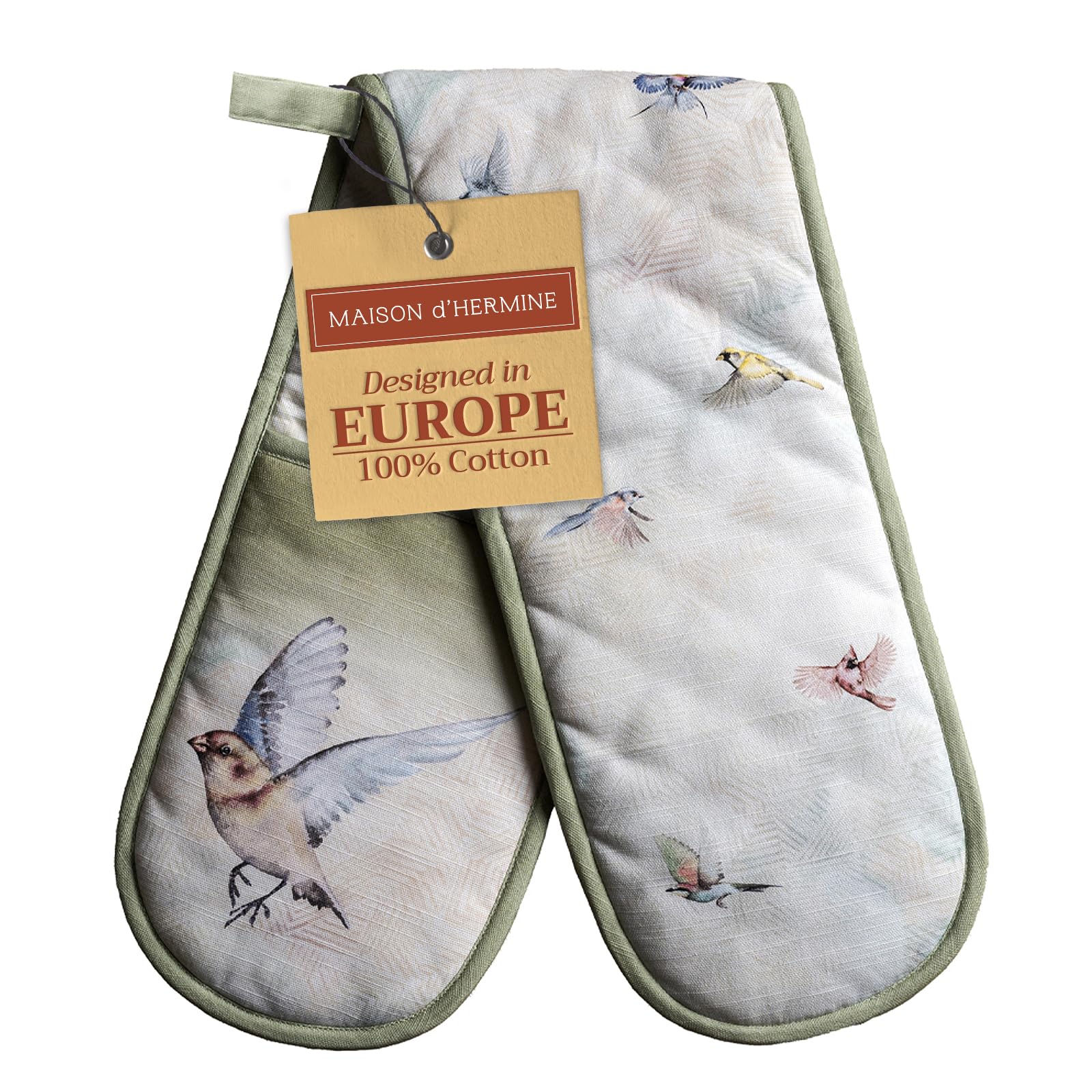 Maison d' Hermine Double Oven Mitts 100% Cotton 18 cm x 89 cm Double Oven Mitt Heat Resistant BBQ Cooking Gloves with Loop Baking Grilling Handling Hot Pans Gifts for Mothers Day (Flying Birds)