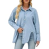 Kedera Womens Button Down Denim Shirts Casual Long Sleeve Jean Shacket Jacket Oversized Chambray Blouse Top