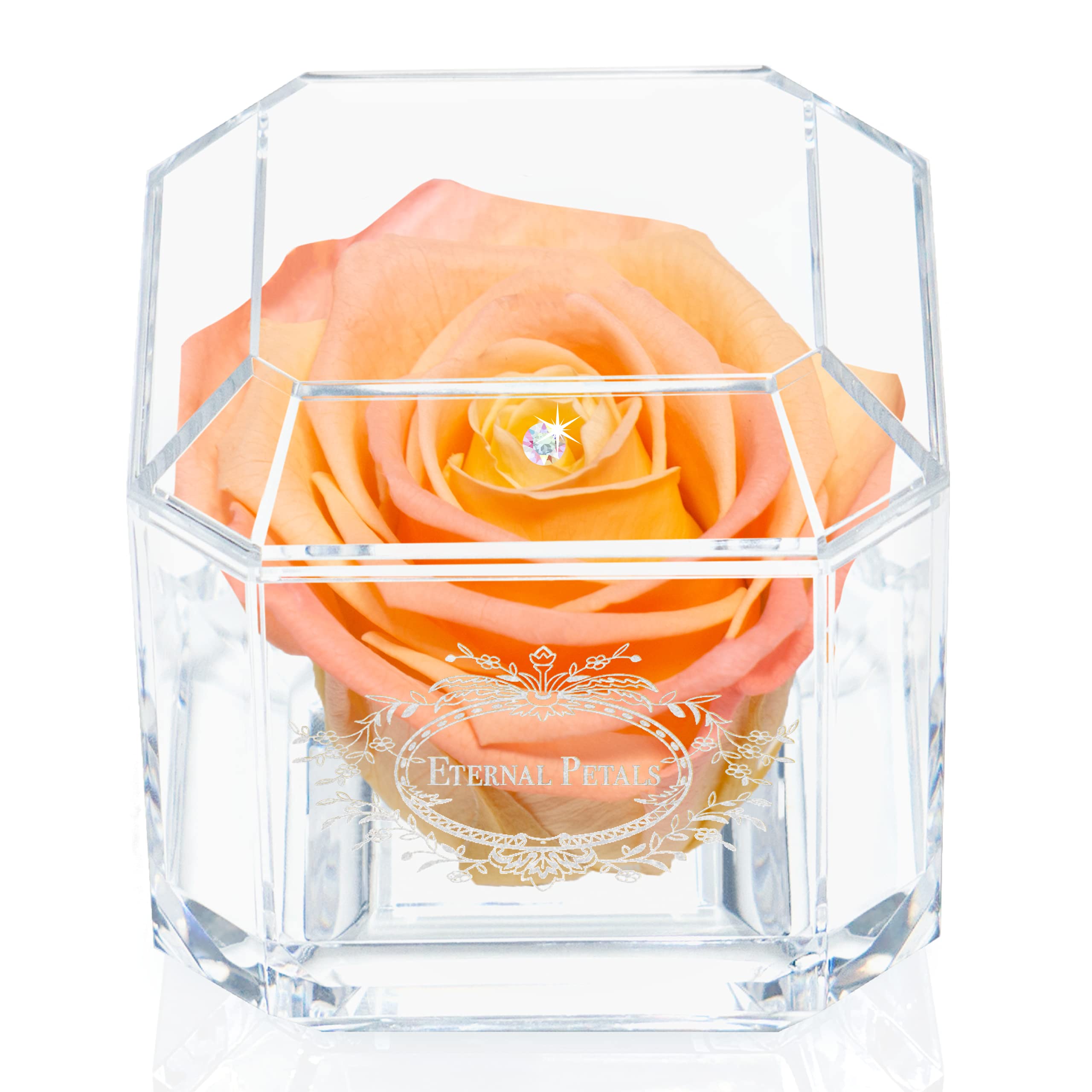 A 100% Real Rose That Lasts Years - Eternal Petals, Handmade in UK – White Gold Solo with A Multicolor Crystal (Double Peach)