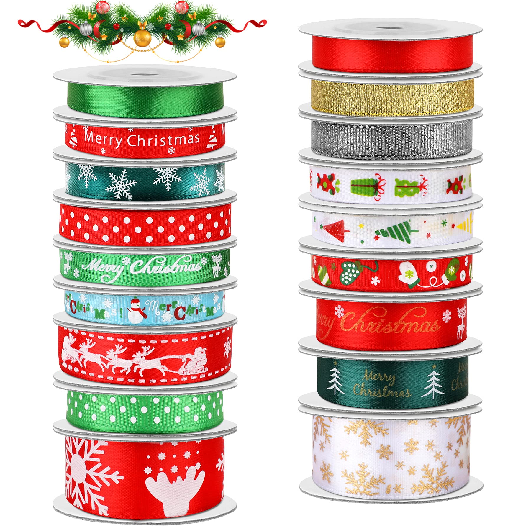 SANNIX 18 Rolls 90 Yards Christmas Ribbons Holiday Printed Grosgrain Satin Ribbon Metallic Glitter Craft Fabric for Xmas Gift Wrapping Decoration, 3 Sizes