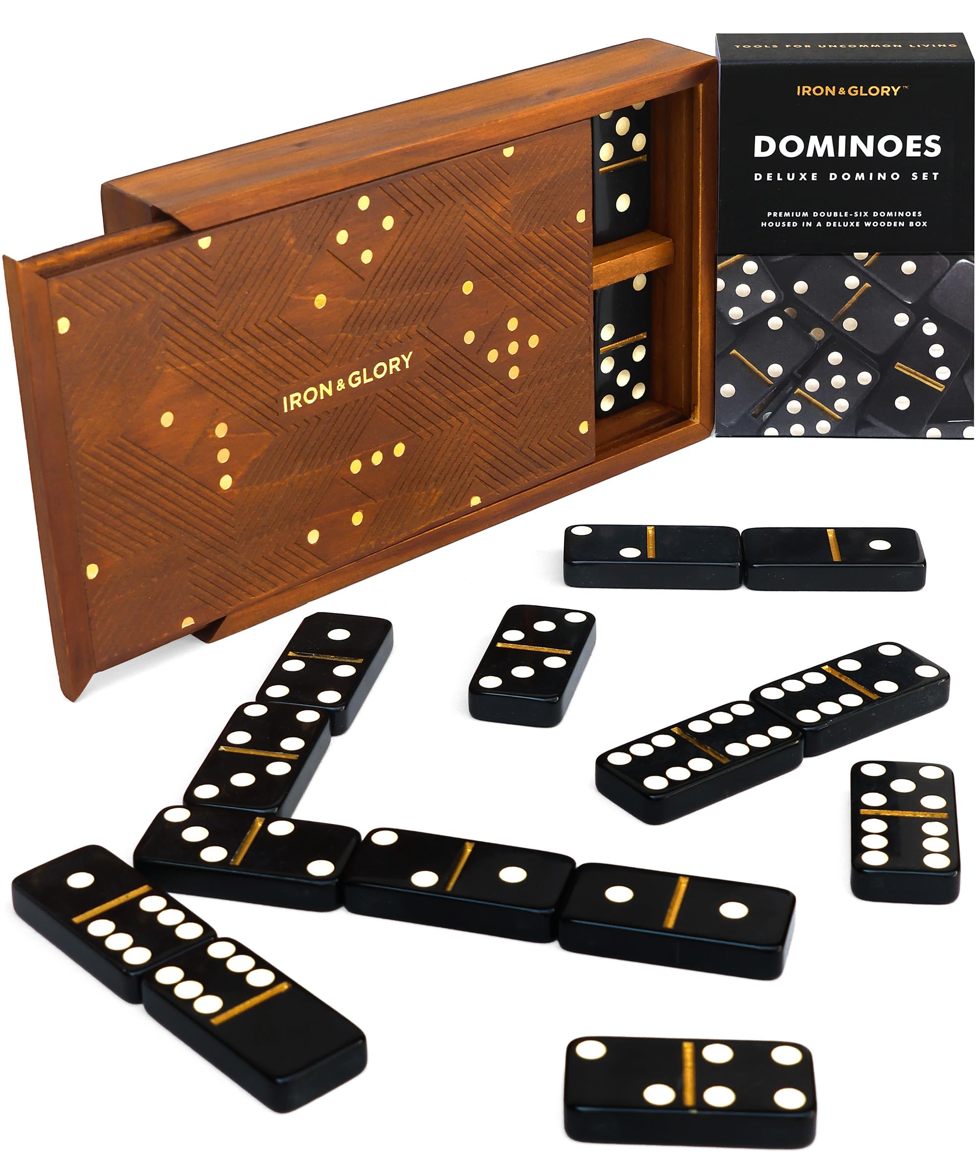 Iron & Glory Dominos Set For Adults | Board Games | Travel Dominoes Set | Tile Games | Classic Strategy Game For Family | Brain Teaser Puzzles | 28 Dominoes Tiles in Wood Box | Game Night Play