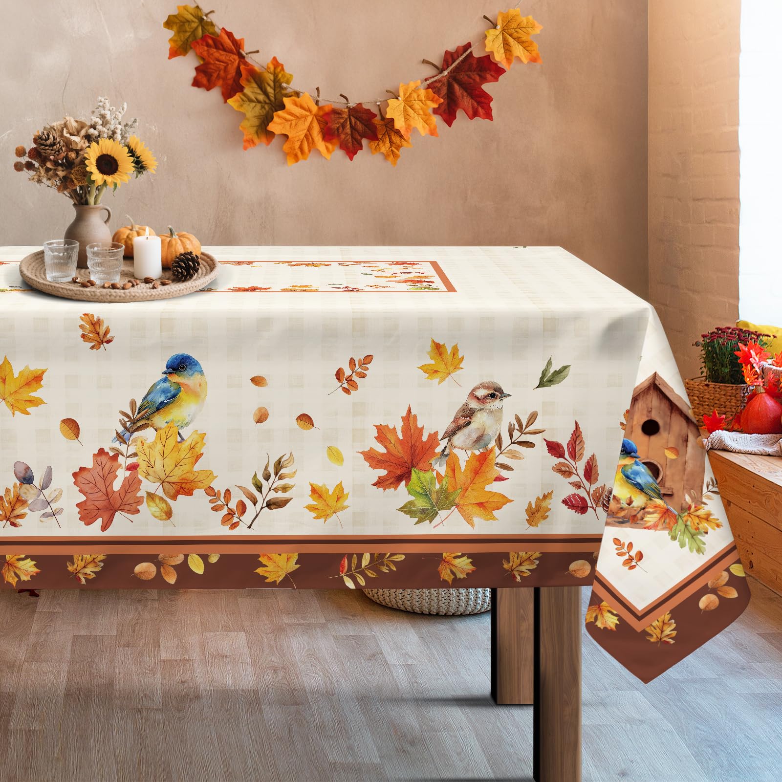 Arquiel Fall Maple Leaves Tablecloth Waterproof, Autumn Birds Table Cloth Rectangle Stain Resistant, Washable Table Cover for Thanksgiving Kitchen Dining Party Decoration (152 * 264cm)
