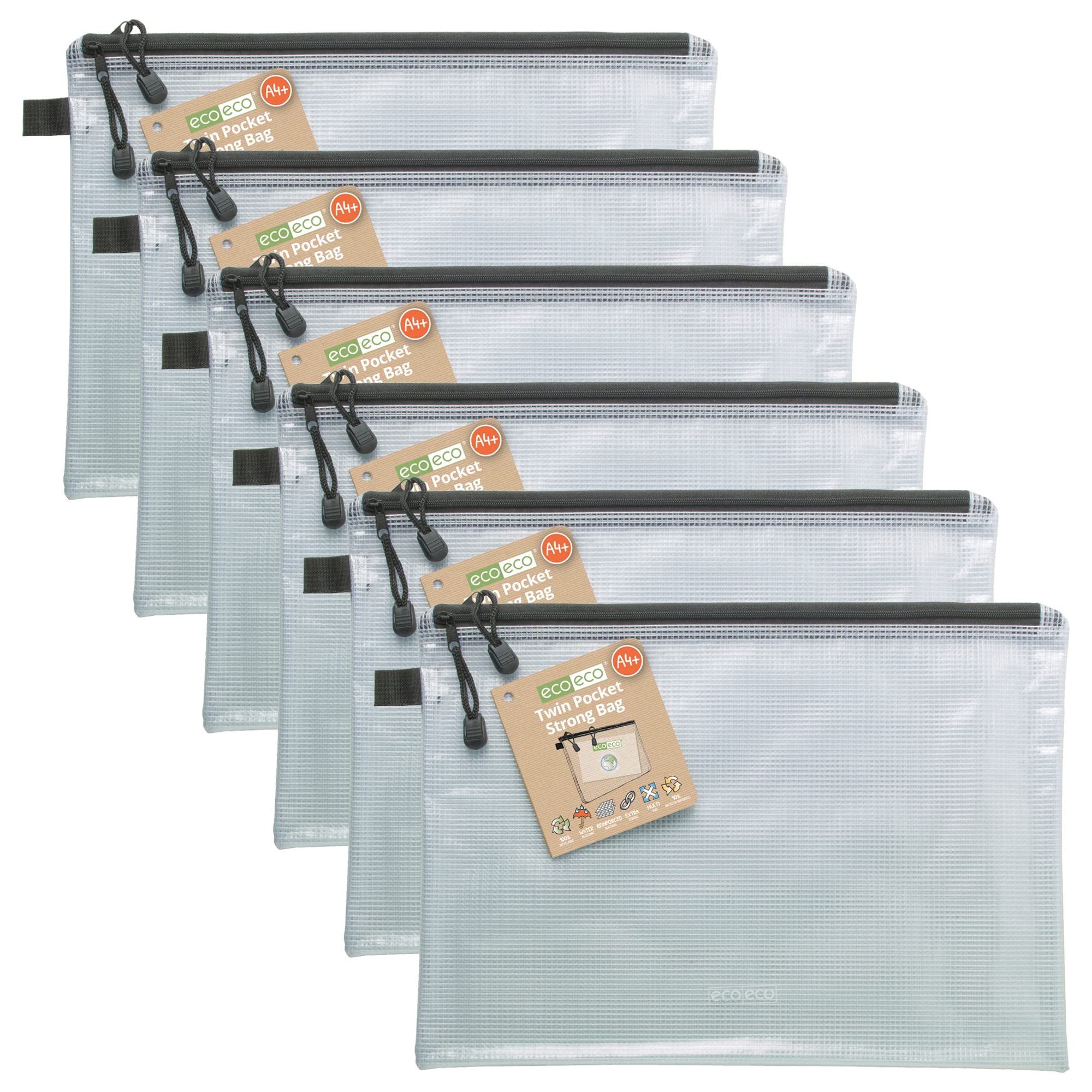 eco-eco A4 95% Recycled Twin Pocket Super Strong Bag, Waterproof Mesh Tuff Bag, Reinforced, Black Zip Closure, 2 Pockets (Pack of 6), eco062x6