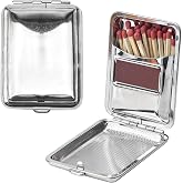 Metal Match Box Case Stainless Steel Matchboxes Matchstick Holder with Friction Plate Striker Mini Vintage Portable Storage Reusable Waterproof One Button Fire Starter for Fireplace Outdoor Camping, N