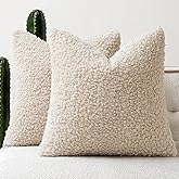 Woaboy Faux Fur Throw Pillow Covers 20x20 Inch Set of 2 Boucle Neutral Decorative Sherpa Fuzzy Accent Soft Sheepskin Fleece Cushions Modern Home Decor for Couch Sofa Bedroom Livingroom,Beige