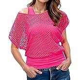 WILDPARTY Women Casual Sexy 80s Costumes Fishnet Neon Off Shoulder T-Shirt Two Pieces