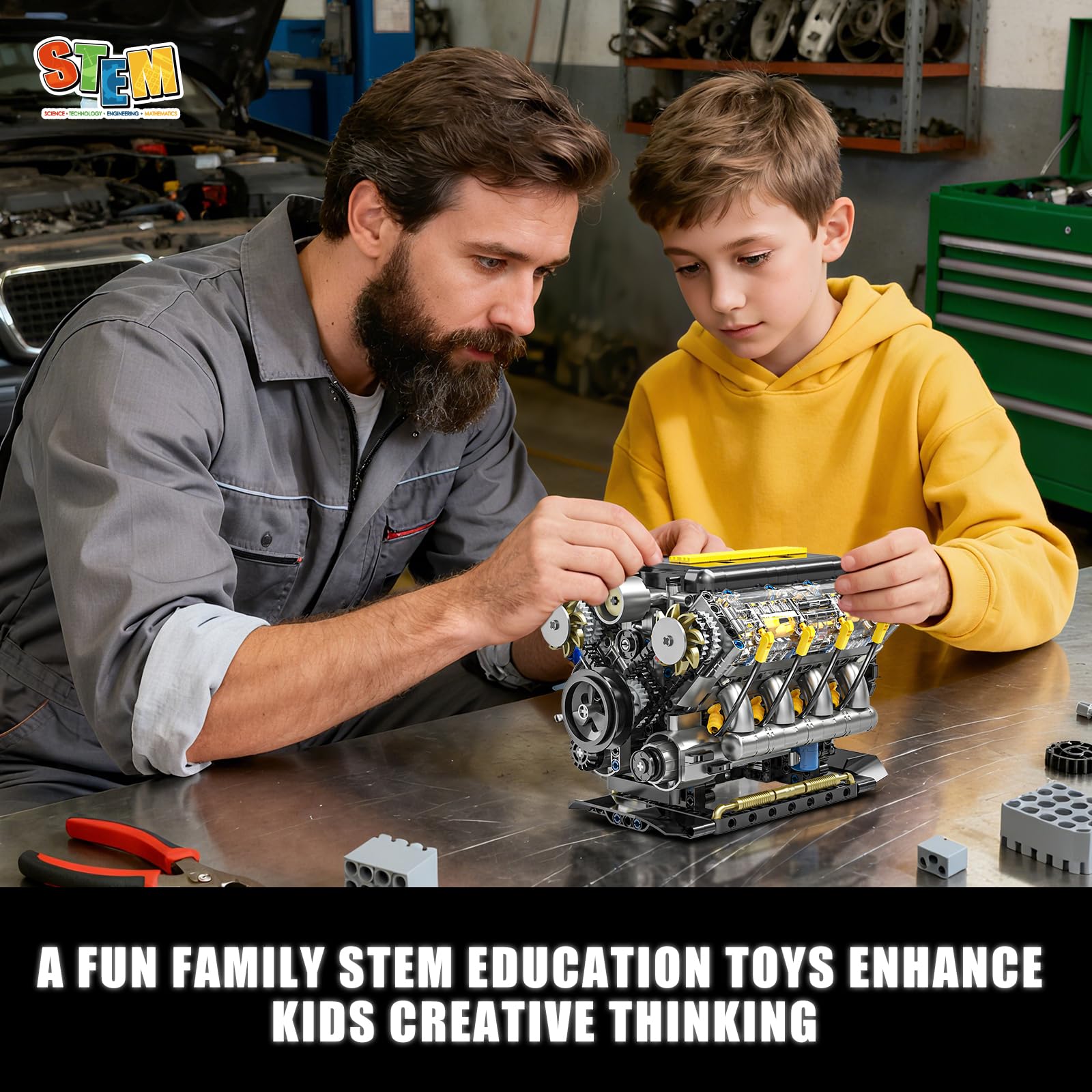 Technik V8 Motor Bausatz Bausteine Klemmbausteine, Ideas Mini V8 Eigene Modellbausatz für Erwachsene, Kompatibel mit Lego Set, STEM Spielzeug Geschenk für Auto Fans und Jungen ab 14 Jahren (905 Teile) 6