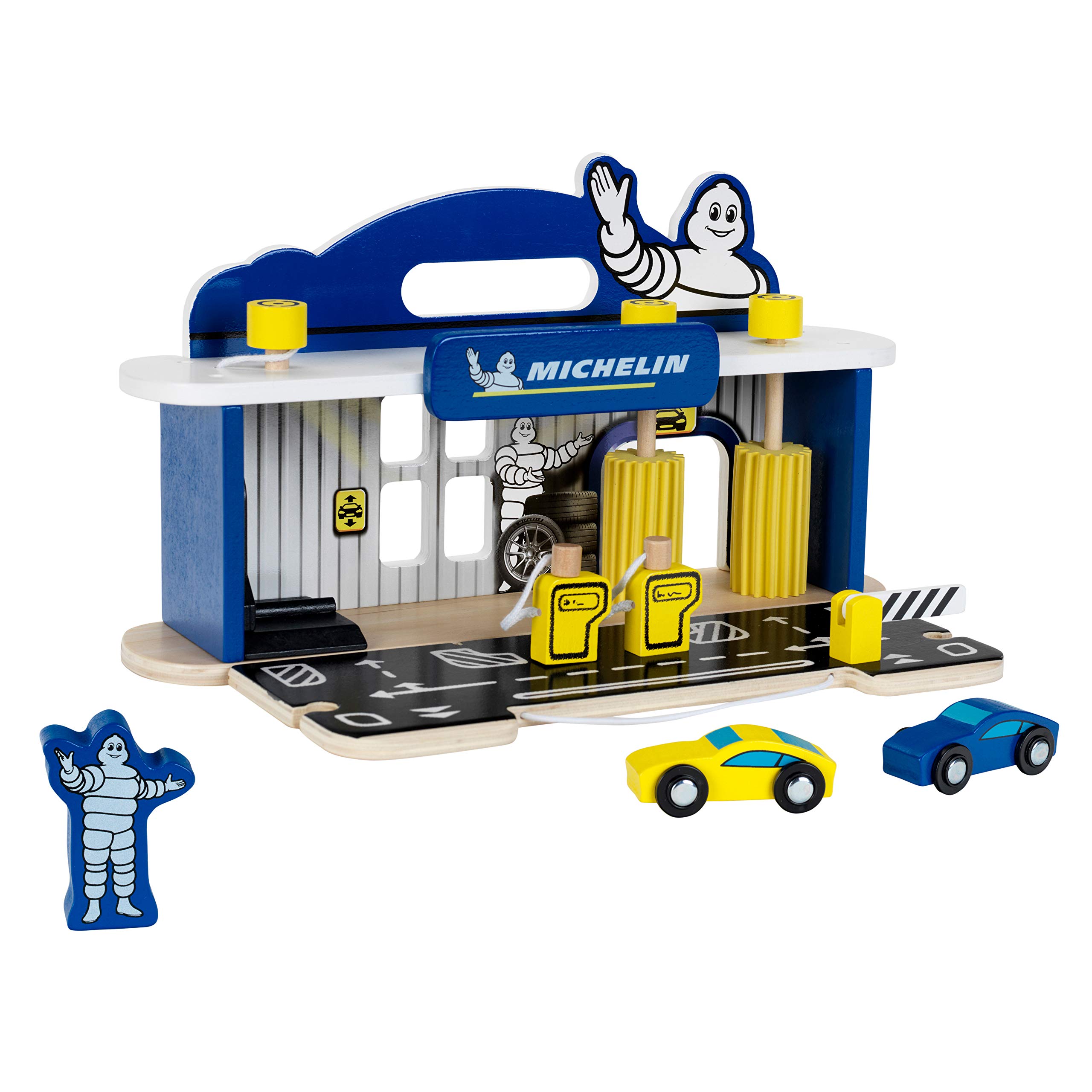 Theo Klein 3403 MICHELIN Service Station with 2 cars, wood I Incl. lifting platform and fuel pumps I Compatible with wooden tracks I Toy for children from 3 years