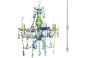 GYPSY COLOR The Original Brink House Plug-in 4 Light Blue Green Hanging Swag Chandelier H17.5”xW15”, Silver Metal Frame with Blue Green Glass Stem and Acrylic Crystals