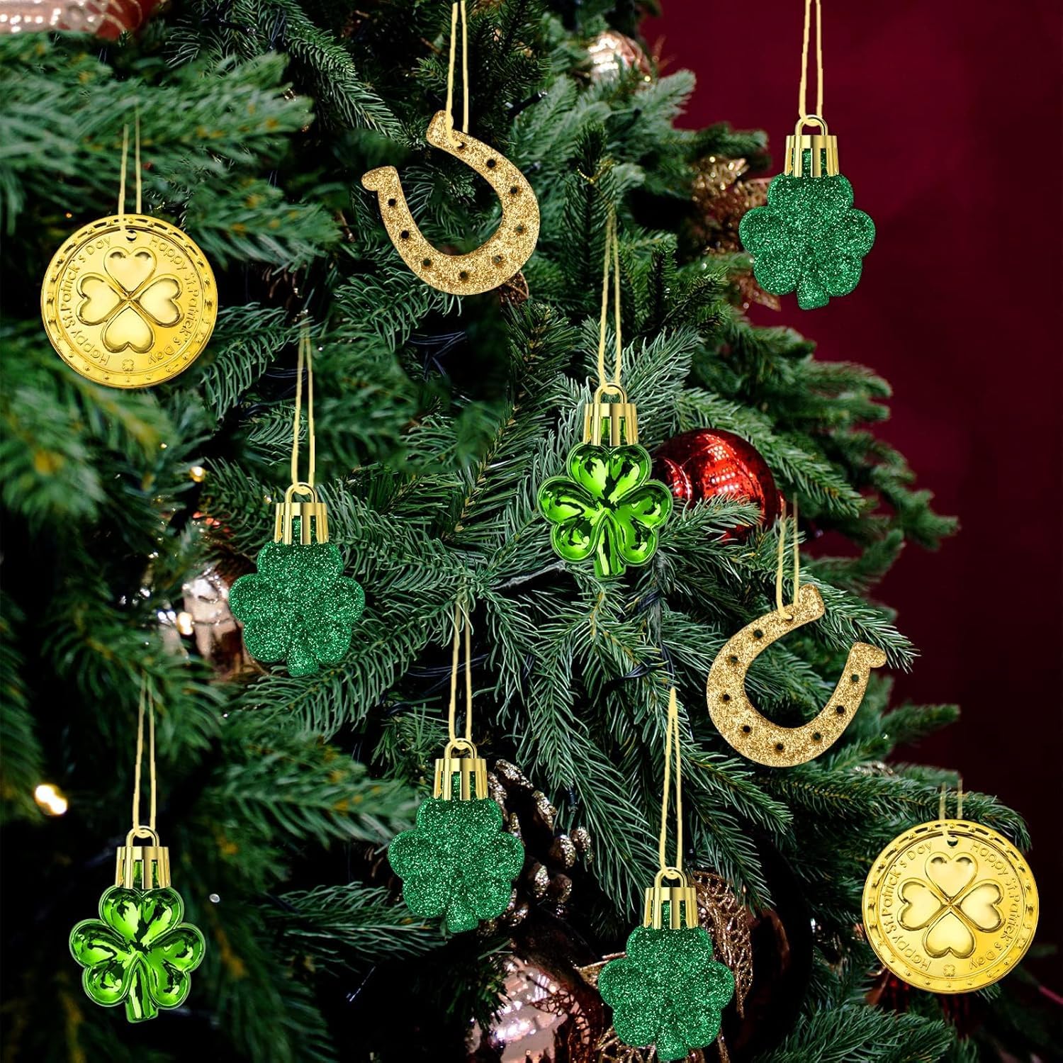 Photo 1 of 24pcs Christmas and St Patricks Day Decorations Shamrock Ornaments - Shamrock Clover Gold Coins Christmas Tree Ornaments for Spring Lucky Irish Day St Patrick's Day Christmas Day