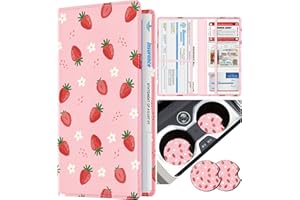 Slohif Car Registration and Insurance Card Holder with Magnetic Shut - Vehicle Glove Box Organizer Women Leather Automobile License Holders Coasters Auto Accessories Case for Document,Strawberry
