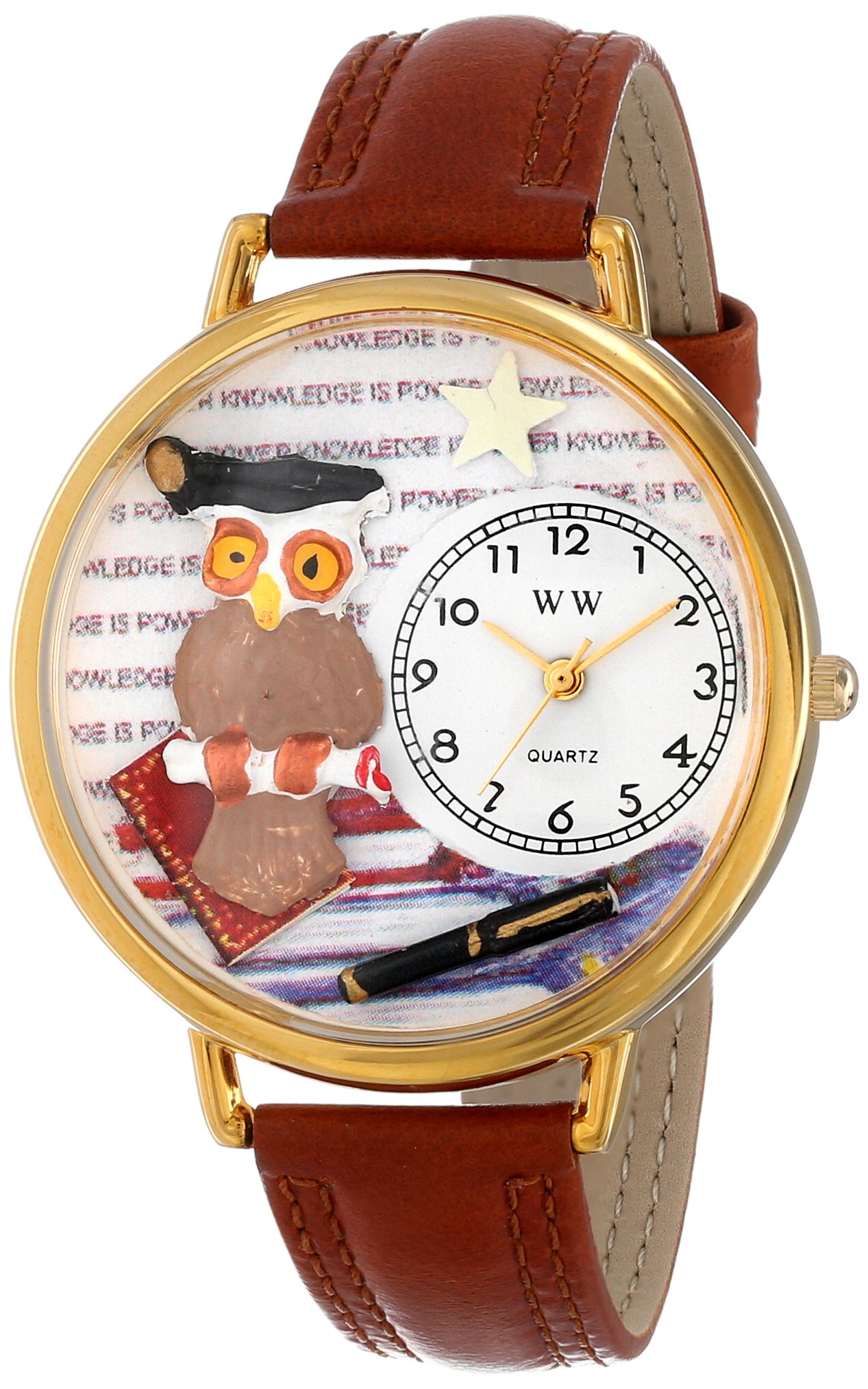 Whimsical Watches Knowledge is Power Tan Leather and Goldtone Unisex Quartz Watch with White Dial Analogue Display and Multicolour Leather Strap G-0640011