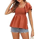 Women's Summer Peplum Tops Square Neck Ruffle Trim Short Sleeve Blouse Smocked Top Dressy Casual Shirts Light Orange
