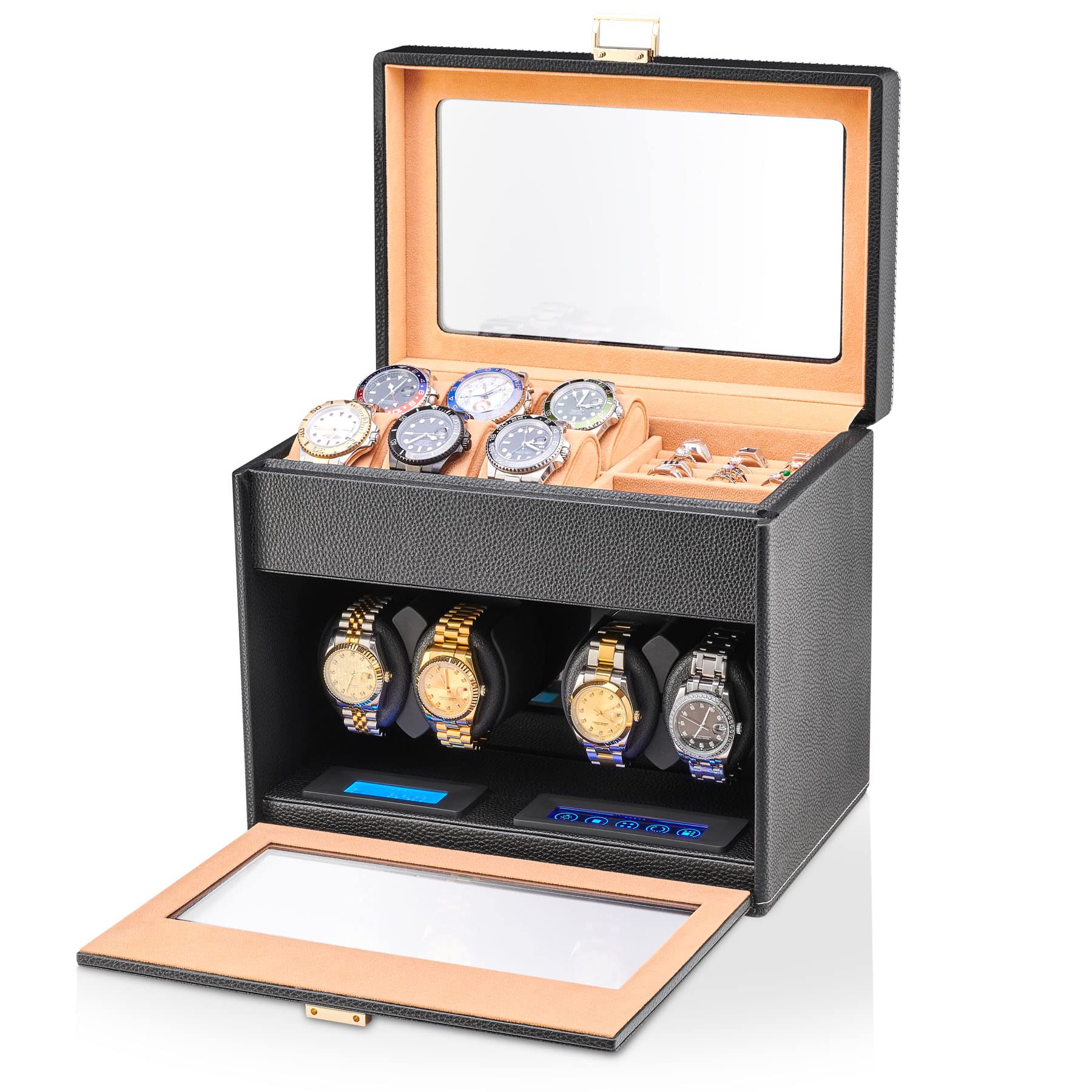 Watch Winder with 6 Storage Slots, Jewelry Organizer and LED Interior Light