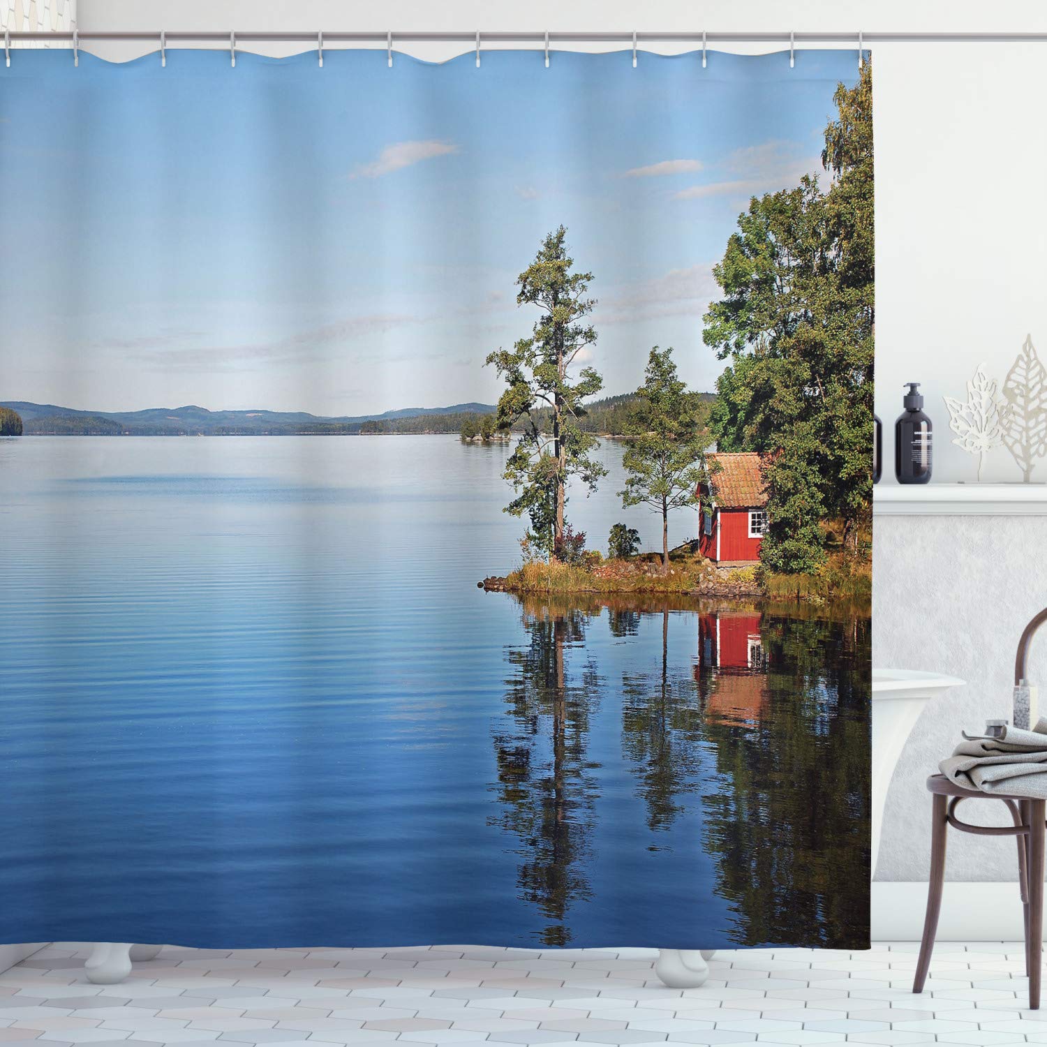 ABAKUHAUS Landscape Shower Curtain, Lakeside Photo with Calm Still Water and Small Country House Between Trees Peace, Cloth Fabric Bathroom Decor Set with Hooks, 78 Inches, Multicolor