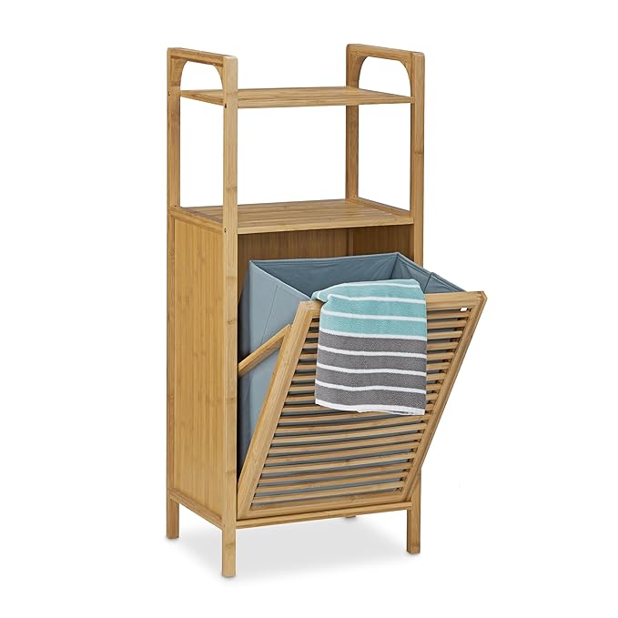 Relaxdays Badregal mit Wäschekorb aus Bambus HBT 95 x 40 x 30 cm Badschrank mit 2 Ablagen für Badaccessoires als Wäschebehält