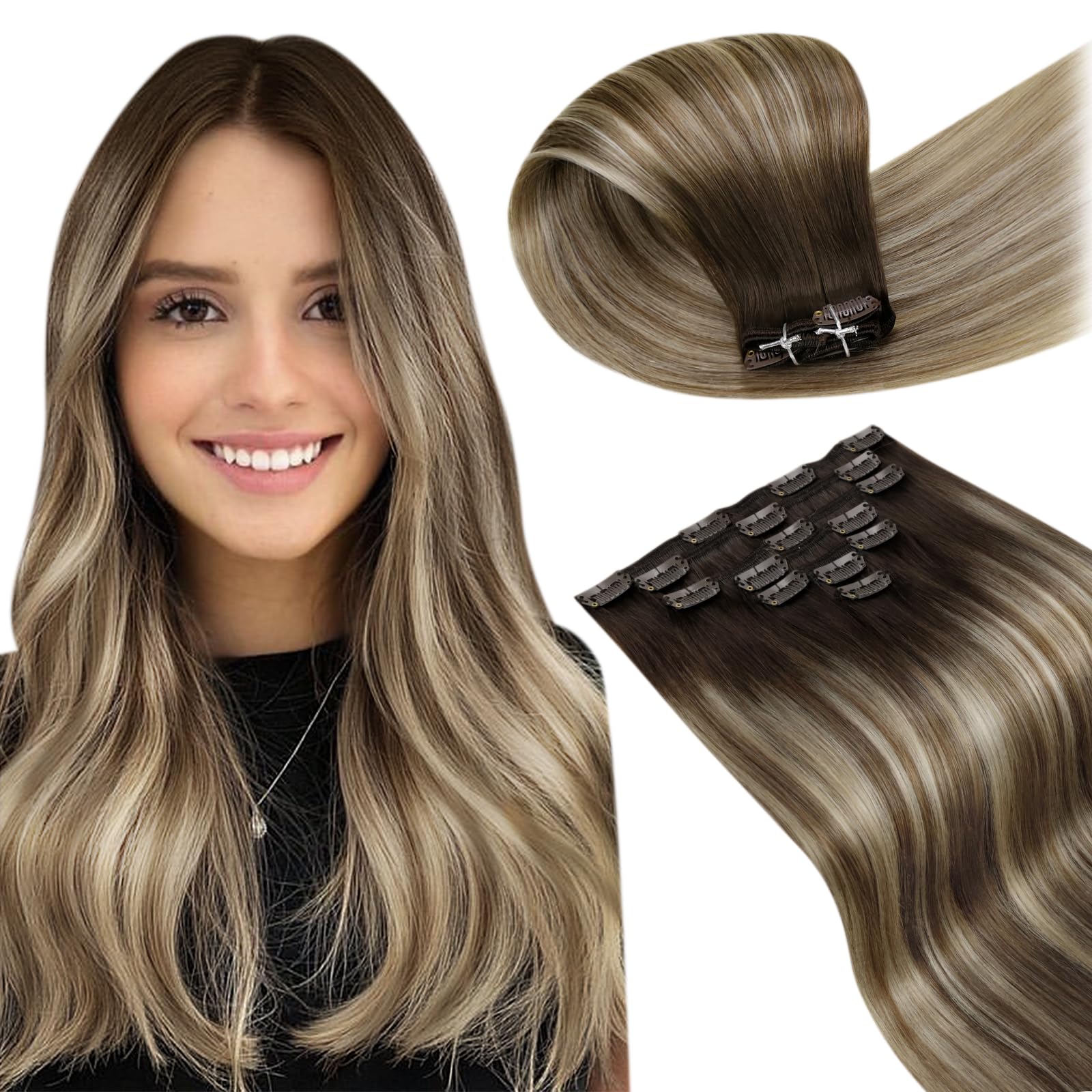 LaaVoo Clip in Hair Extensions Real Human Hair Blonde Hair Extensions Clip in 14 Inch 120g 7pcs Full Head Straight Balayage Brown to Blonde Remy Hair Double Weft #3/8/24 — image 1