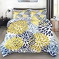 Pamnest Comforter Set Full Size, Floral Navy Blue Summer Soft 3 Pcs Bedding for Kids and Adults, Yellow Flower Green Comforter Set with 2 Pillowcases, for Bedroom Bed Decor