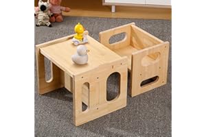 GKOKG Montessori Weaning Table and Chair Set - Wood Weaning Table and Chair, Solid Wooded Toddler Table, Cube Chairs for Toddlers