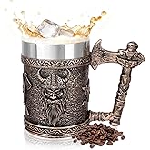 Nordic Viking Beer Mugs, Horned Warrior Beer Stein, Axe Handle Tankard Gifts for Men Medieval Drinking Cup, Cool Beer Stein for Home Bar Norse Mythology Poetic Gothic Decor