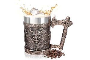 Nordic Viking Beer Mugs, Horned Warrior Beer Stein, Axe Handle Tankard Gifts for Men Medieval Drinking Cup, Cool Beer Stein f