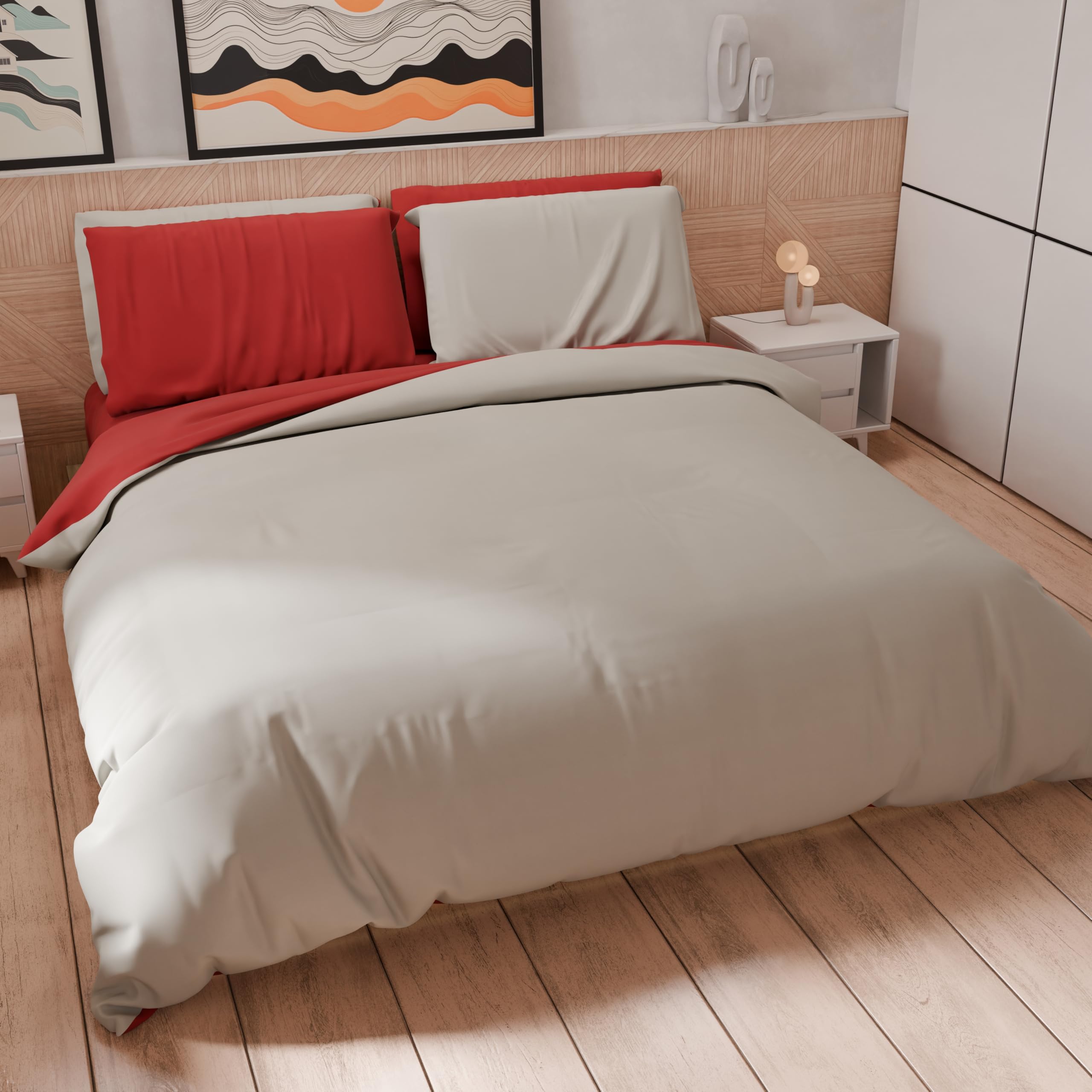 PETTI Artigiani Italiani - Double Duvet Cover, Duvet Cover and Pillowcases in Microfiber, Bicolor Red/Light Grey, 100% Made in Italy